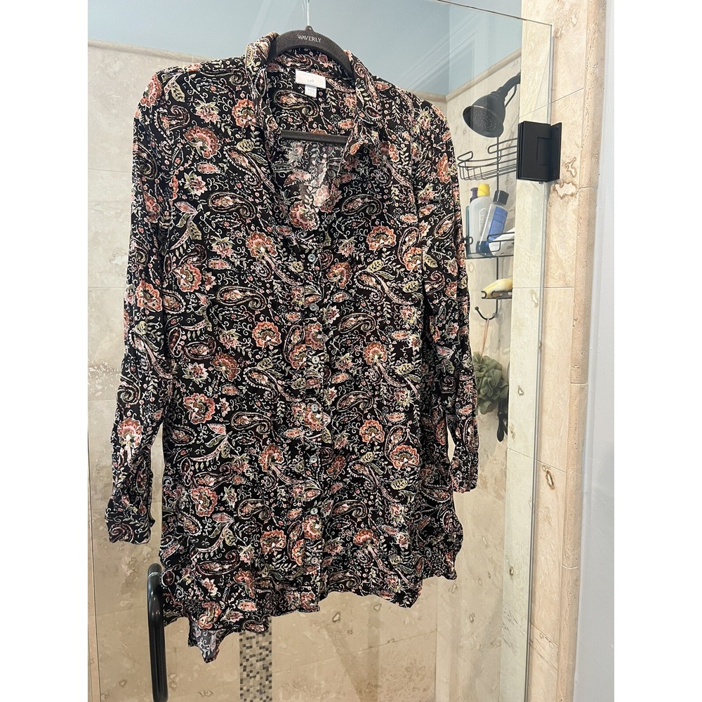 J Jill Button Up Long Sleeve Brown Floral Asian Rayon Blouse Large